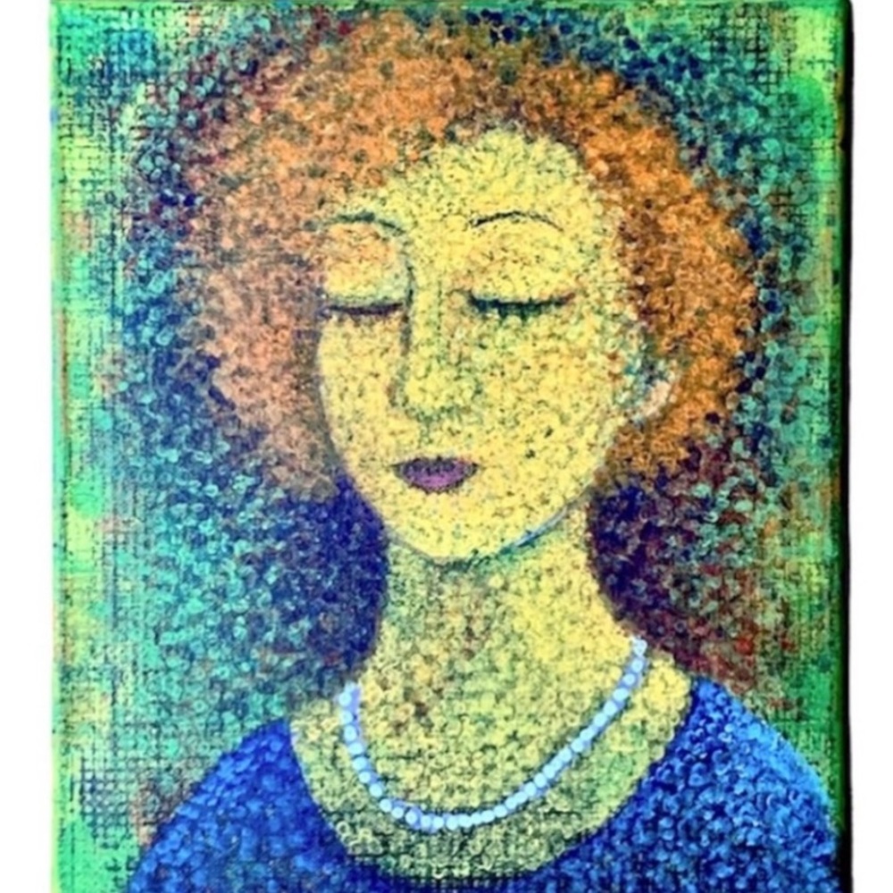 HAND CRAFTED Original Acrylic “Woman in Blue” portrait in Pointillism style